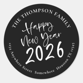 Happy New Year 2026 Script Rücksendeadresse Black Runder Aufkleber
