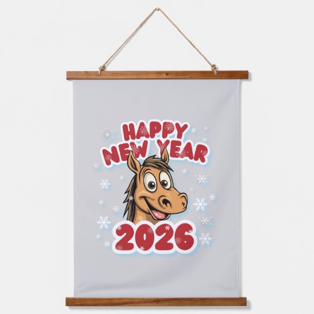 Happy New Year 2026: Year of the Horse Mascot Wandteppich Mit Holzrahmen (Vorderseite)