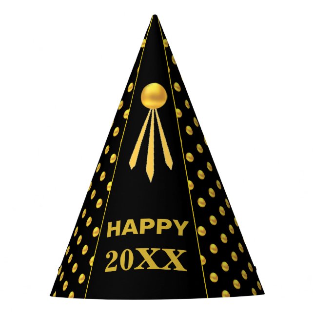 Happy New Year 20XX, Gold Punkte auf schwarz Partyhütchen (Vorderseite)