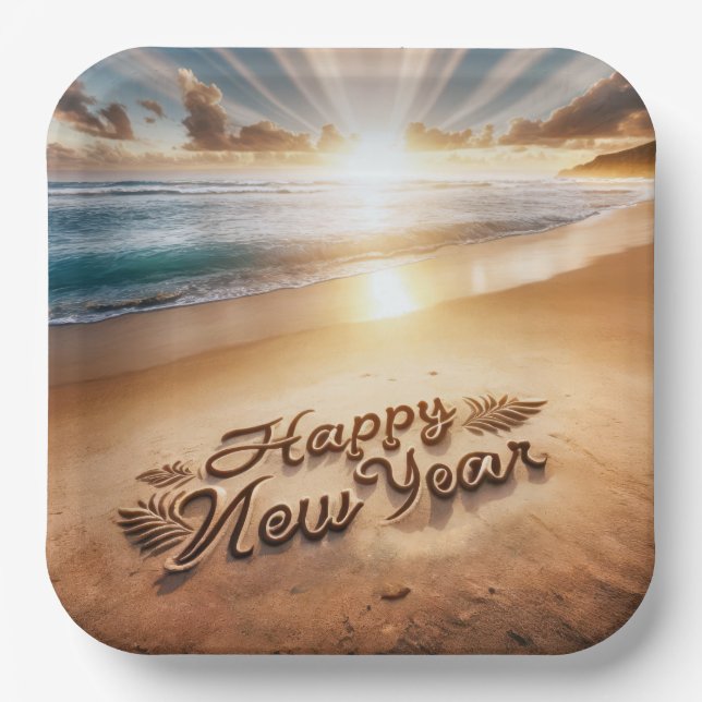 Happy New Year Beach Sunrise Pappteller (Vorderseite)