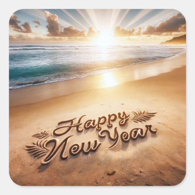Happy New Year Beach Sunrise Quadratischer Aufkleber (Vorderseite)