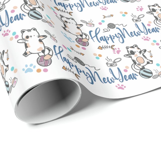 Happy New Year between Kittens Balanced on a Yarn Geschenkpapier (Rolleneckpunkt)