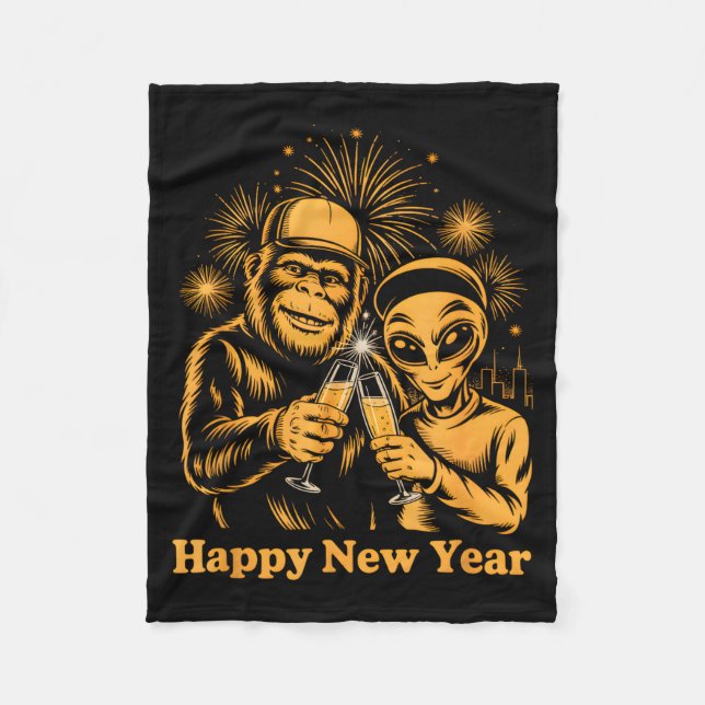 Happy New Year Bigfoot And Alien Sasquatch Firewor Fleecedecke (Vorderseite)