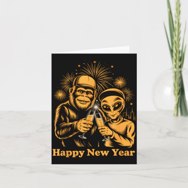 Happy New Year Bigfoot And Alien Sasquatch Firewor Karte (Vorderseite)