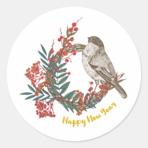 Happy New Year Bird Wreath Runder Aufkleber