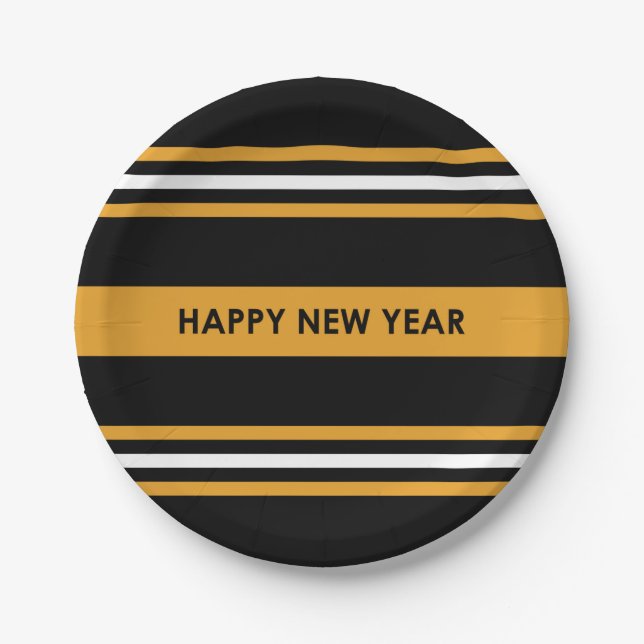 Happy New Year Black and Yellow Pappteller (Vorderseite)