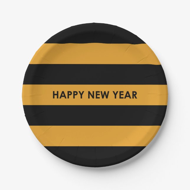 Happy New Year Black and Yellow Pappteller (Vorderseite)