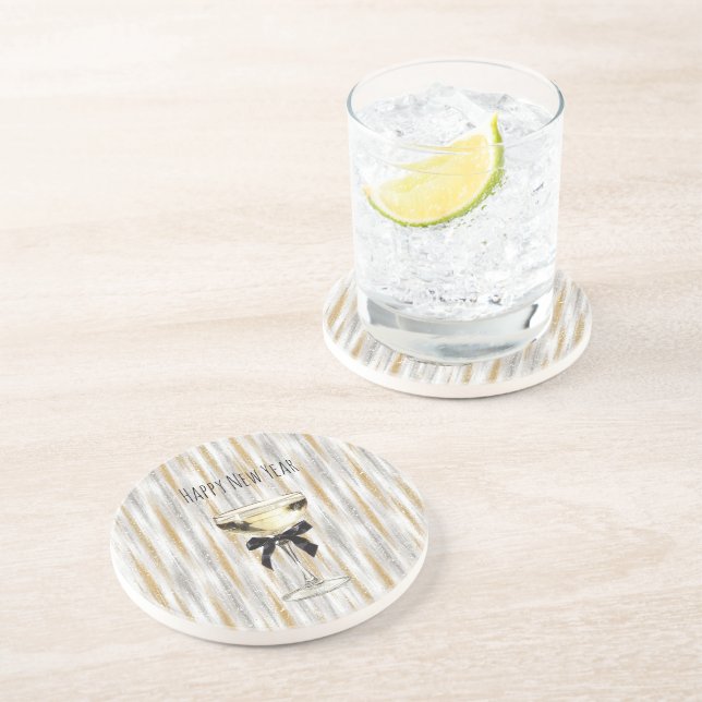 Happy New Year Black Bow Gold Silver Champagne Getränkeuntersetzer (Seite)