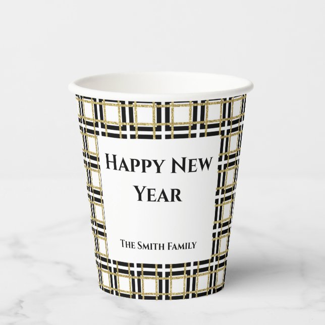 Happy New Year Black Gold Checkered BoxesPaper Cup Pappbecher (Vorderseite)