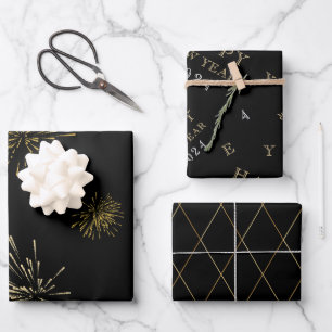 Happy New Year Black Gold Geschenkpapier Set