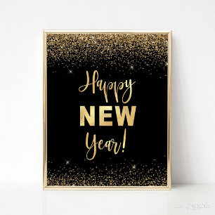 Happy New Year Black & Gold Glitzer Party Sign Poster