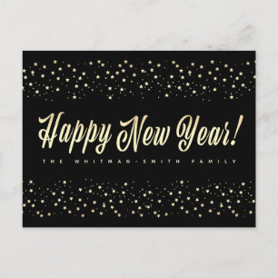 Happy New Year Black Gold Stars Family Postkarte