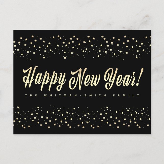Happy New Year Black Gold Stars Family Postkarte (Vorderseite)