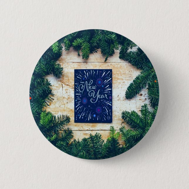 Happy New Year Blue and Green Pine Button (Vorderseite)