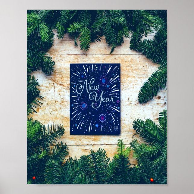 Happy New Year Blue and Green Pine Poster (Vorne)