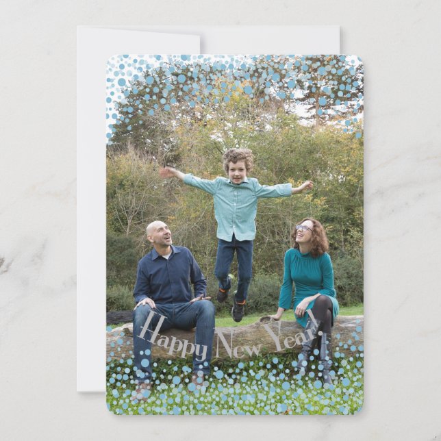 Happy New Year Blue Confetti Feiertagskarte (Vorderseite)