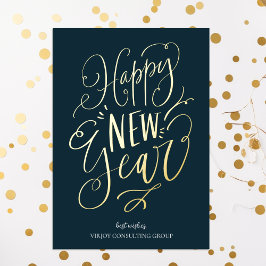 Happy New Year Blue Gold Script Modern Business Folien Feiertagskarte