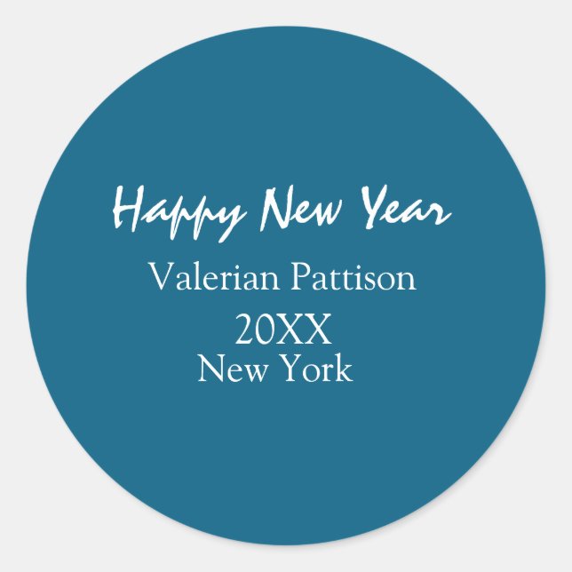Happy new year blue name place year boho simple  runder aufkleber (Vorderseite)