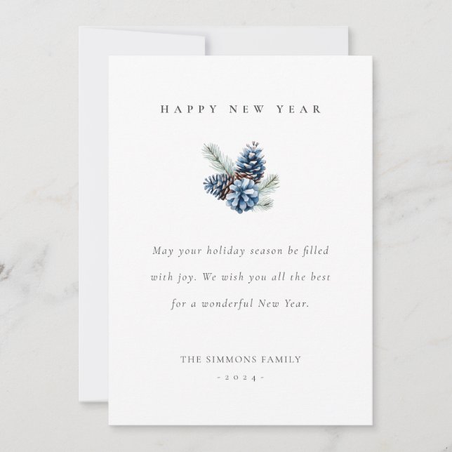 Happy New Year Blue Pinecones Flat Card Einladung (Vorderseite)
