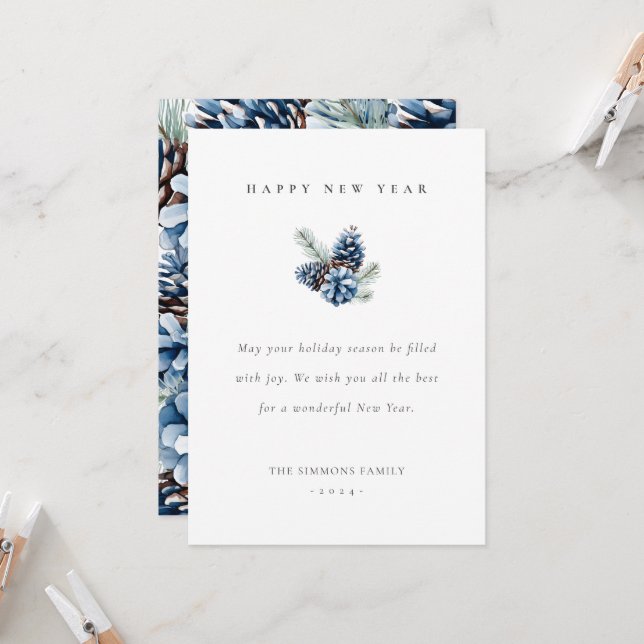 Happy New Year Blue Pinecones Flat Card Einladung (Vorderseite/Rückseite Beispiel)