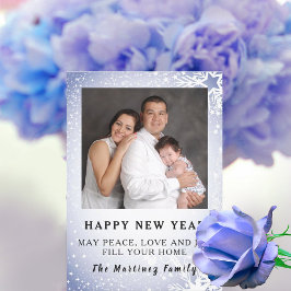 Happy New Year Blue Snow Scene Family Flat Card Feiertagskarte
