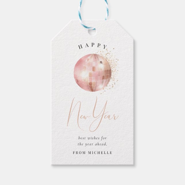 Happy New Year Blush Pink Rose Gold Disco Ball Geschenkanhänger (Vorderseite)