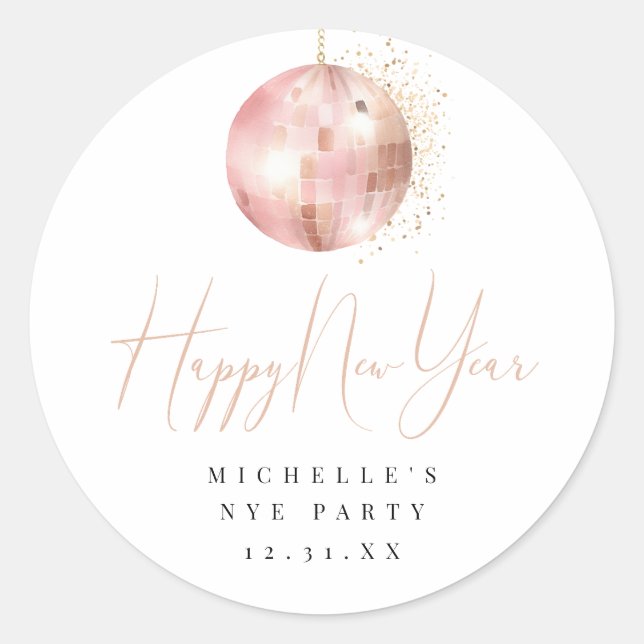 Happy New Year Blush Pink Rose Gold Disco Ball Runder Aufkleber (Vorderseite)