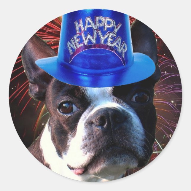 Happy New Year Boston Terrier Aufkleber (Vorderseite)