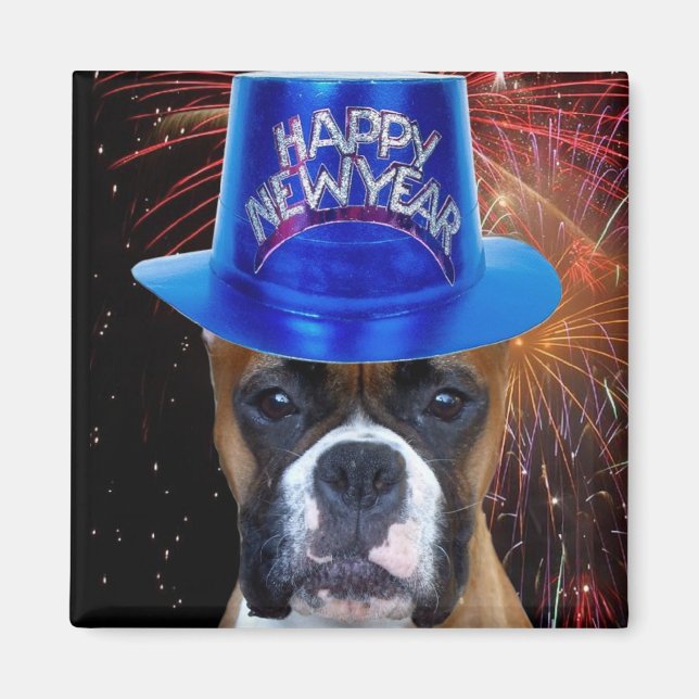 Happy New Year Boxer Hundemagnet Magnet (Vorne)
