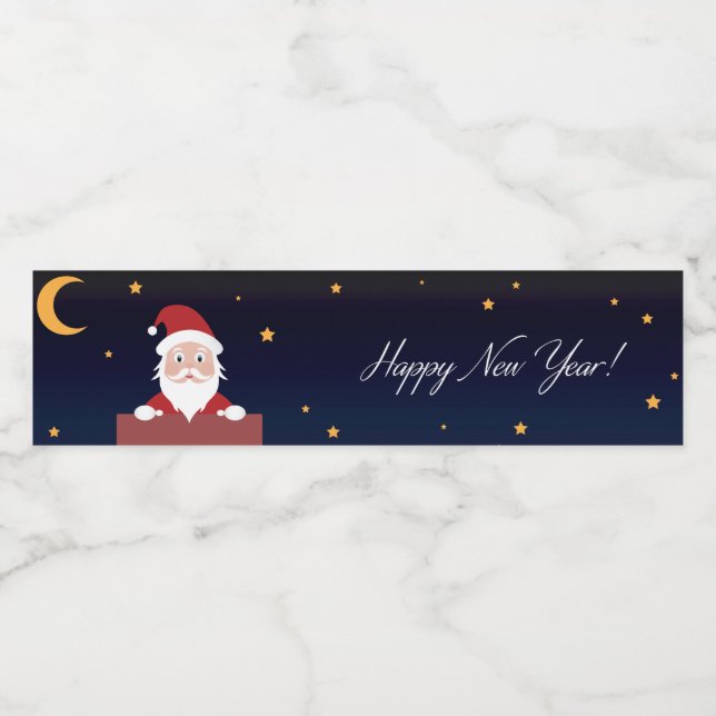 Happy New Year, Cartoon Santa on House Wasserflaschenetikett (Einzelnes Label)
