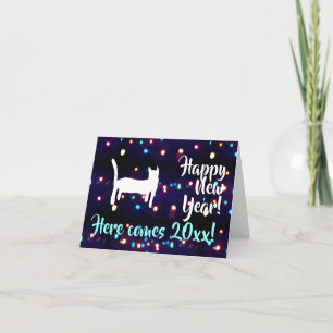 Happy New Year Cat 20xx Holiday Lights Cards Dankeskarte