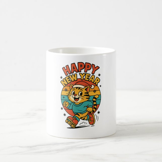 Happy New Year Cat - Cute 80s Cartoon Skating   Kaffeetasse (Mittel)