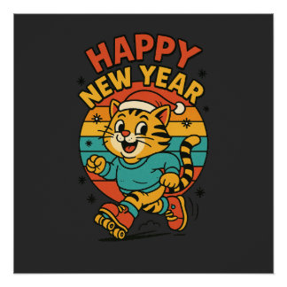 Happy New Year Cat - Cute 80s Cartoon Skating   Poster