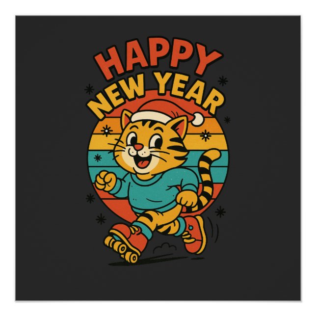 Happy New Year Cat - Cute 80s Cartoon Skating   Poster (Vorderseite)