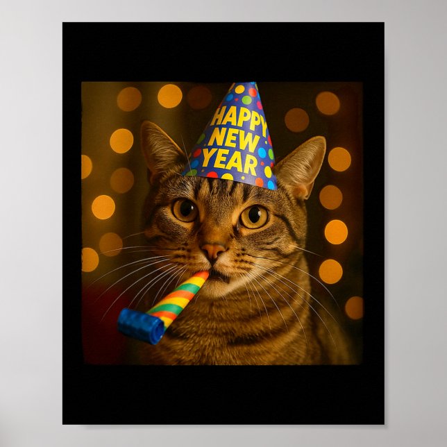 Happy New Year Cat Funny Party Hat Feline Meme Cel Poster (Vorne)