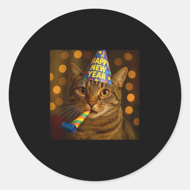 Happy New Year Cat Funny Party Hat Feline Meme Cel Runder Aufkleber (Vorderseite)
