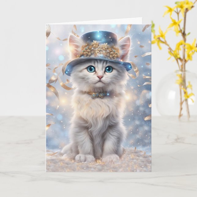 Happy New Year Cat in Party Hat and Streamers Karte (Gelbe Blume)