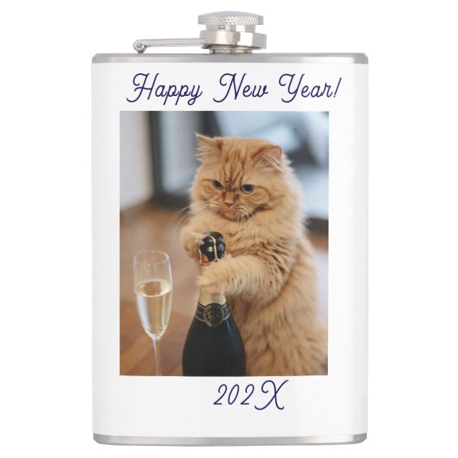  Happy New Year Cat Photo Customized  Flachmann (Vorderseite)