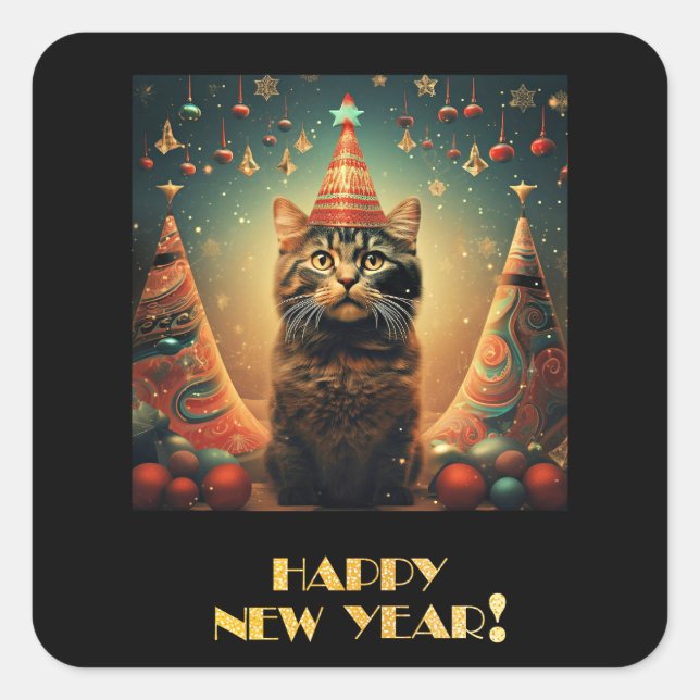 Happy New Year Cat Quadratischer Aufkleber (Vorderseite)