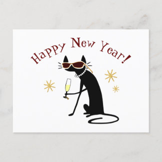 Happy New Year Cat with Champagne Feiertagspostkarte