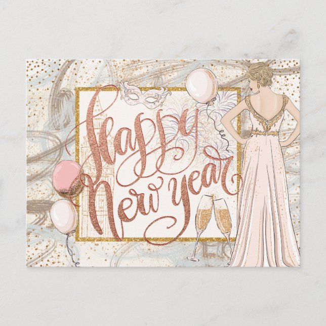 Happy New Year Champagne, Ballons, elegante Lady Postkarte (Vorderseite)