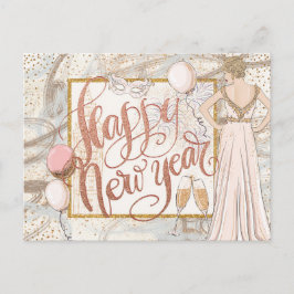 Happy New Year Champagne, Ballons, elegante Lady Postkarte