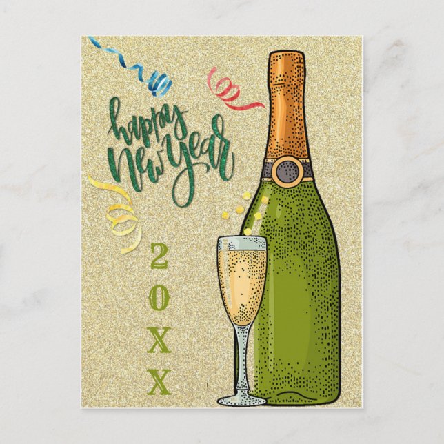Happy New Year Champagne Gold Glitzer Postkarte (Vorderseite)
