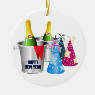 Happy New Year Champagne Keramik Ornament