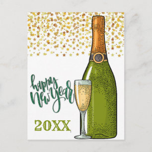Happy New Year Champagne und Gold Stars Postkarte