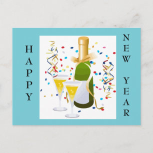 Happy New Year Champagner Konfetti Blue Post Card Feiertagspostkarte