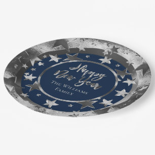 Happy New Year Chic Blue Silver Gray Stars Muster Pappteller