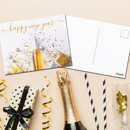 Happy New Year Chic Gold Champagne Streamers Postkarte