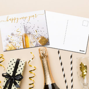 Happy New Year Chic Gold Champagne Streamers Postkarte