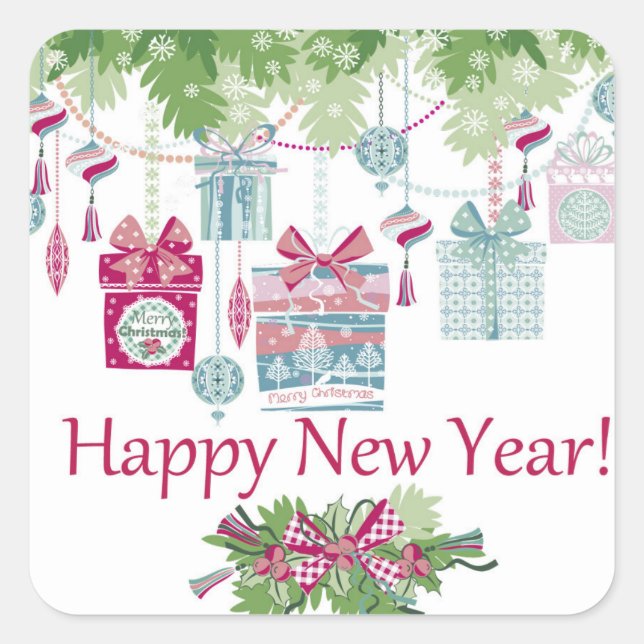 Happy New Year Chic Watercolor Dekorationen Quadratischer Aufkleber (Vorderseite)